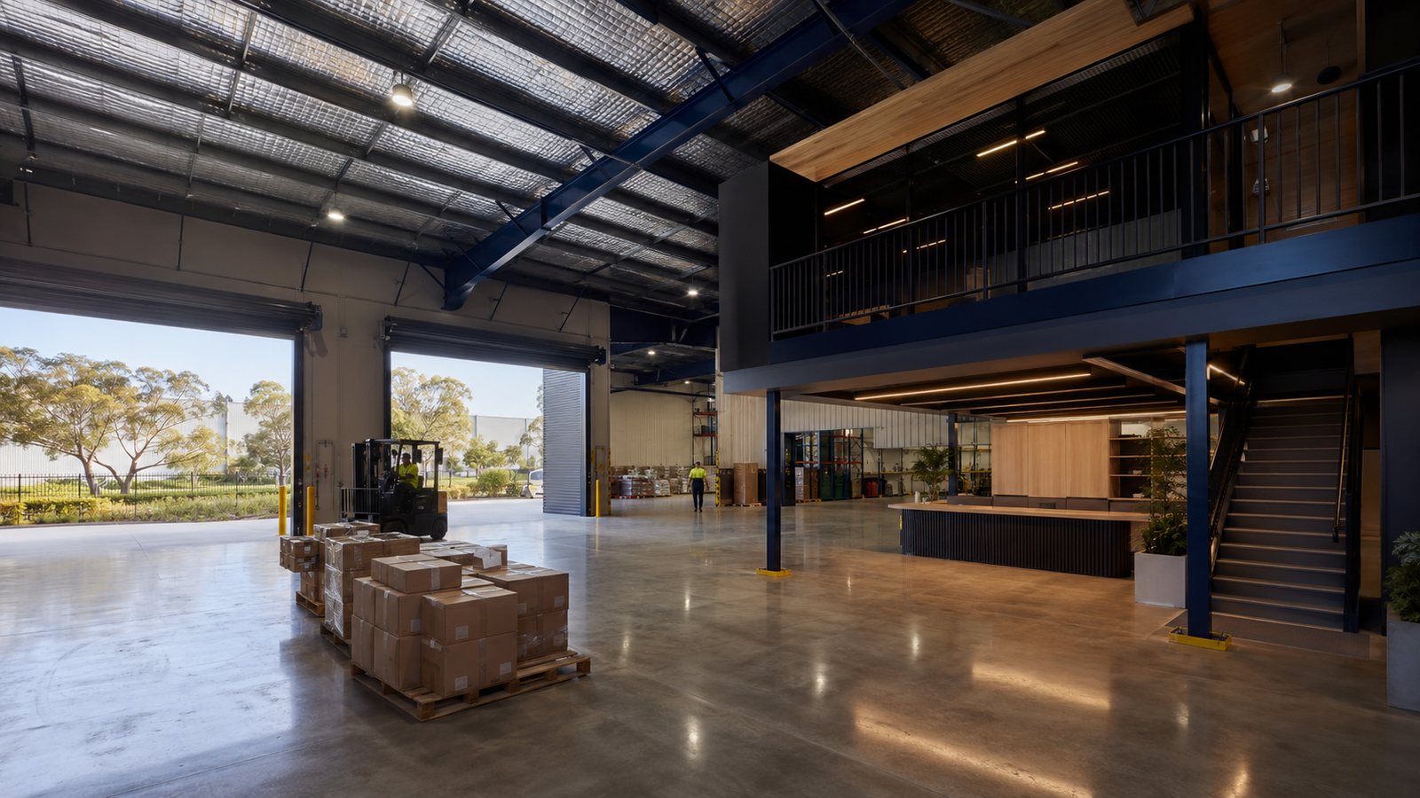 Fitted industrial tenancy interior with mezzanine office and active warehouse floor